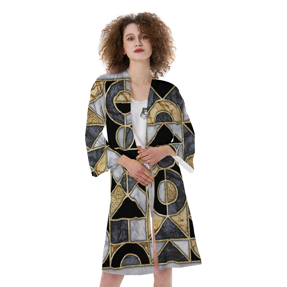 Geometric Black Gold Marble Print Kimono-grizzshop