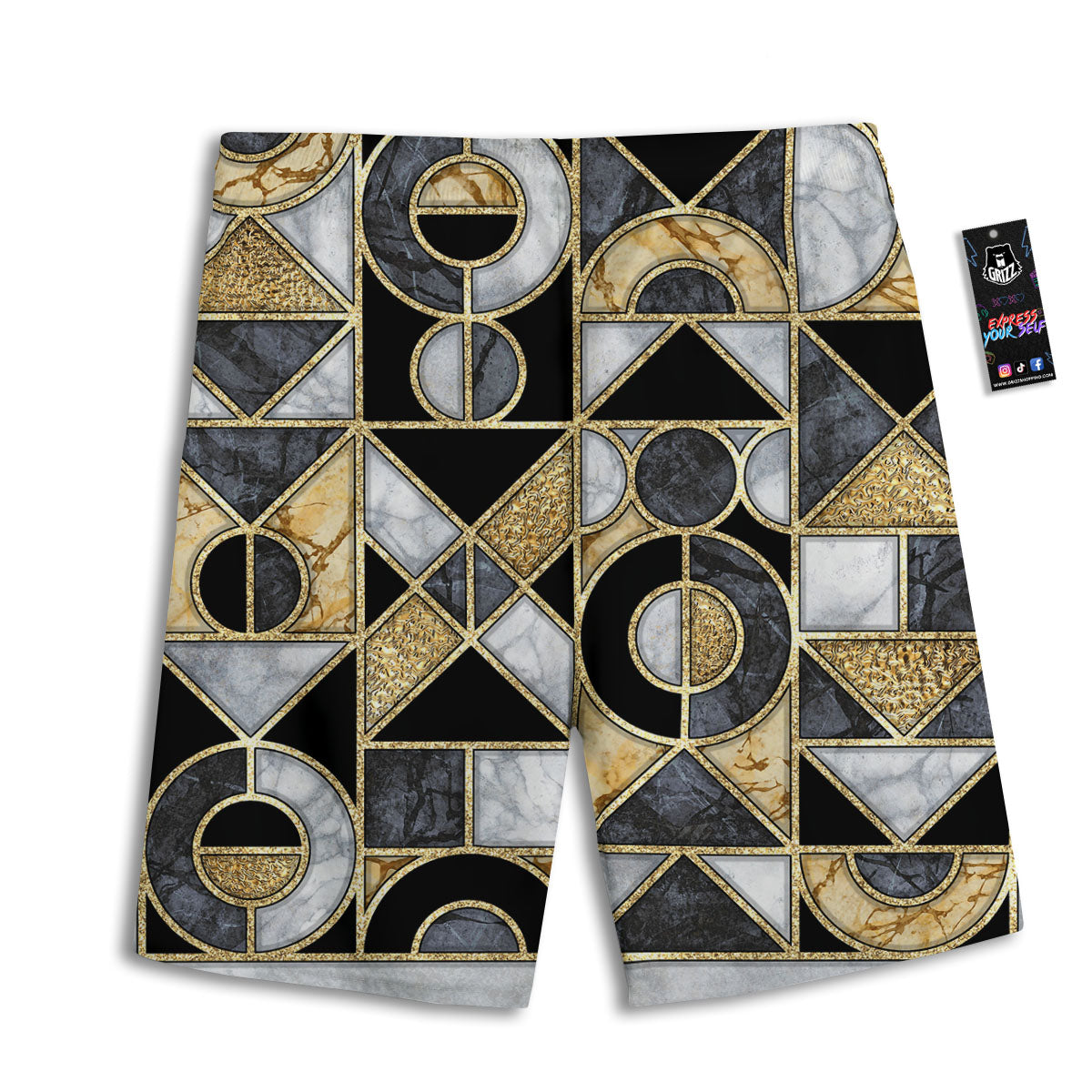 Geometric Black Gold Marble Print Men's Athletic Shorts