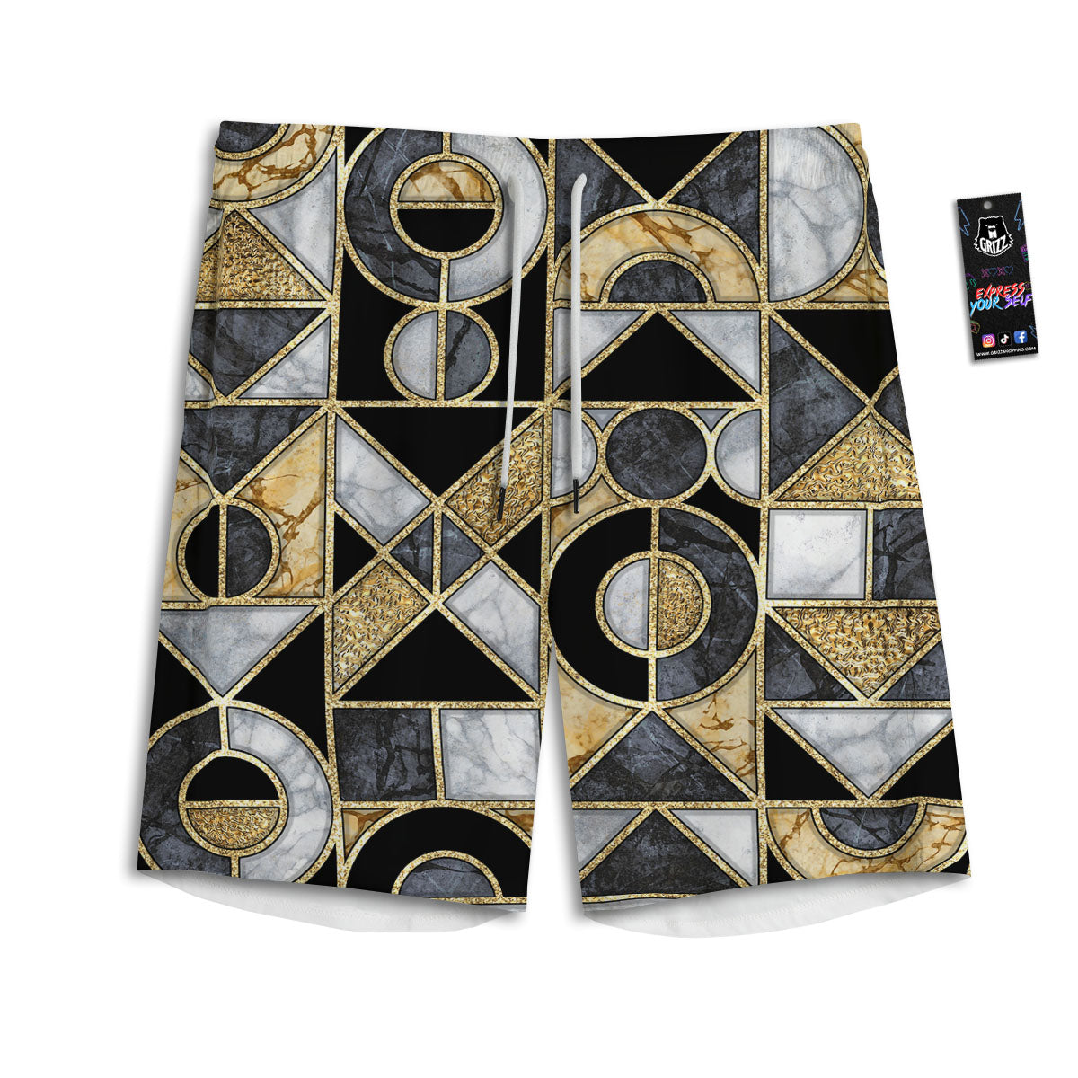 Geometric Black Gold Marble Print Men's Athletic Shorts