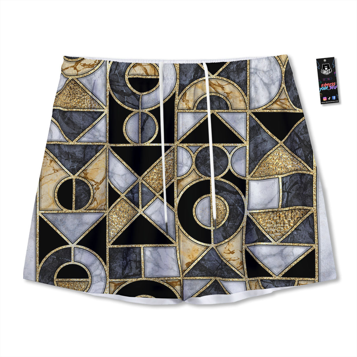 Grey Dark And White Gingham Print Mesh Shorts
