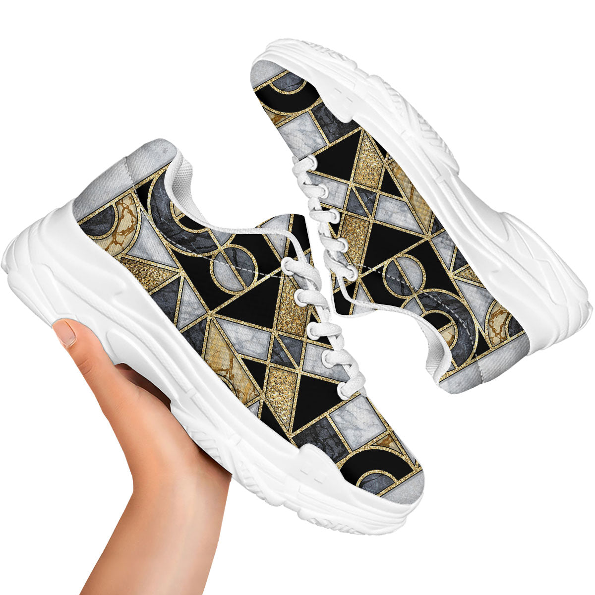 Geometric Black Gold Marble Print White Chunky Shoes-grizzshop