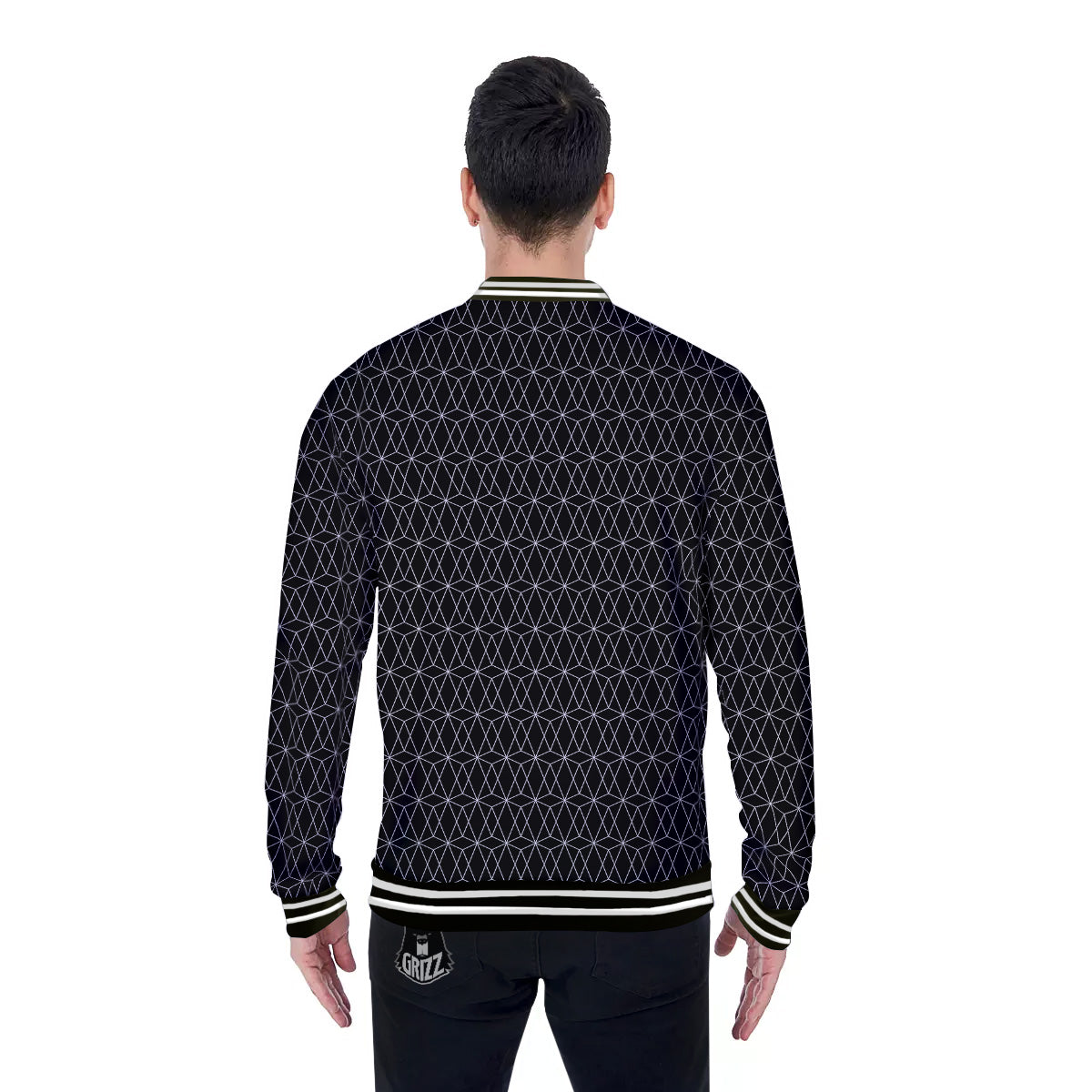 Geometric Black Polygonal Print Baseball Jacket-grizzshop