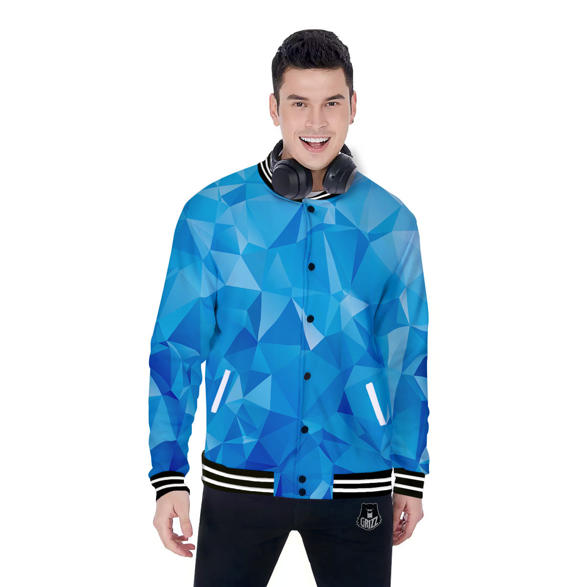 Geometric Blue Polygonal Print Baseball Jacket-grizzshop