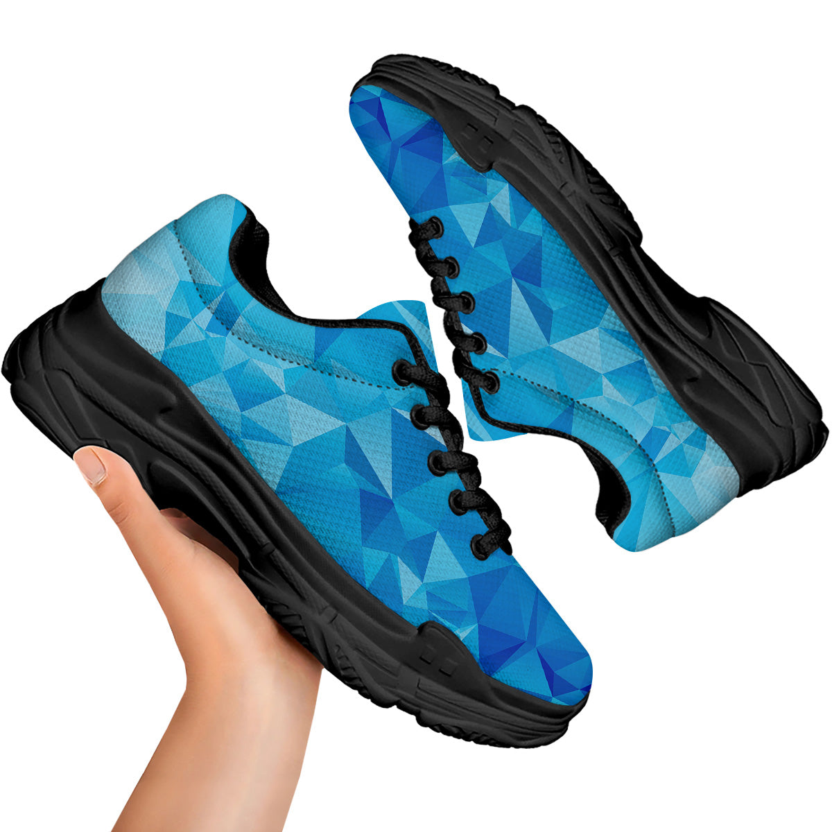 Geometric Blue Polygonal Print Black Chunky Shoes-grizzshop