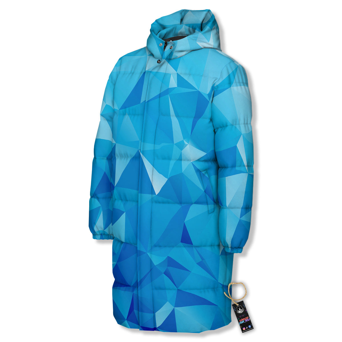 Geometric Blue Polygonal Print Long Down Jacket-grizzshop