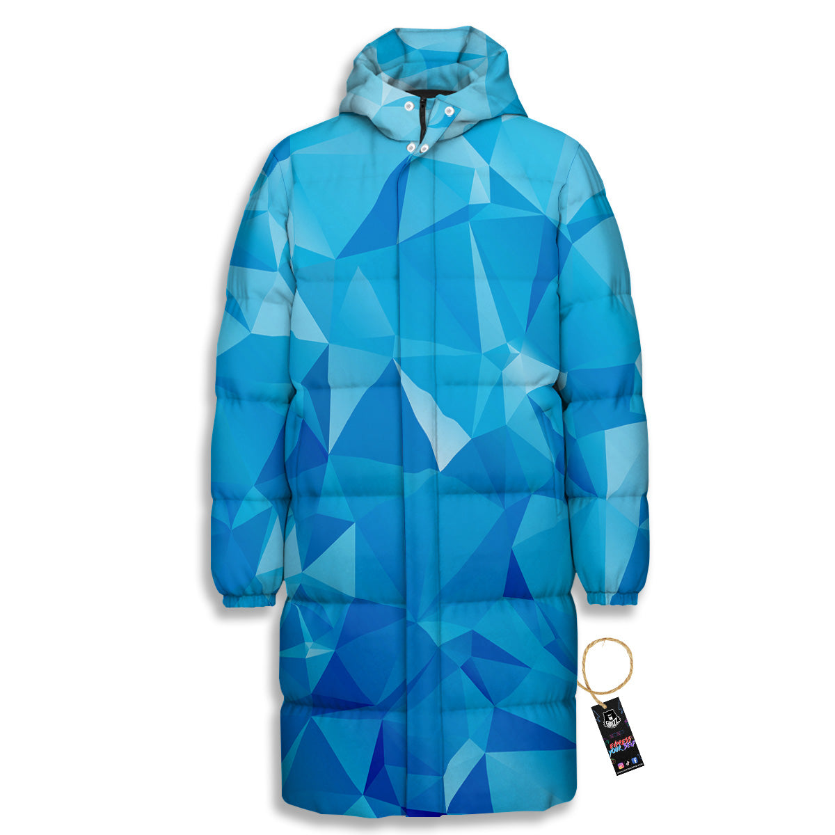 Geometric Blue Polygonal Print Long Down Jacket-grizzshop