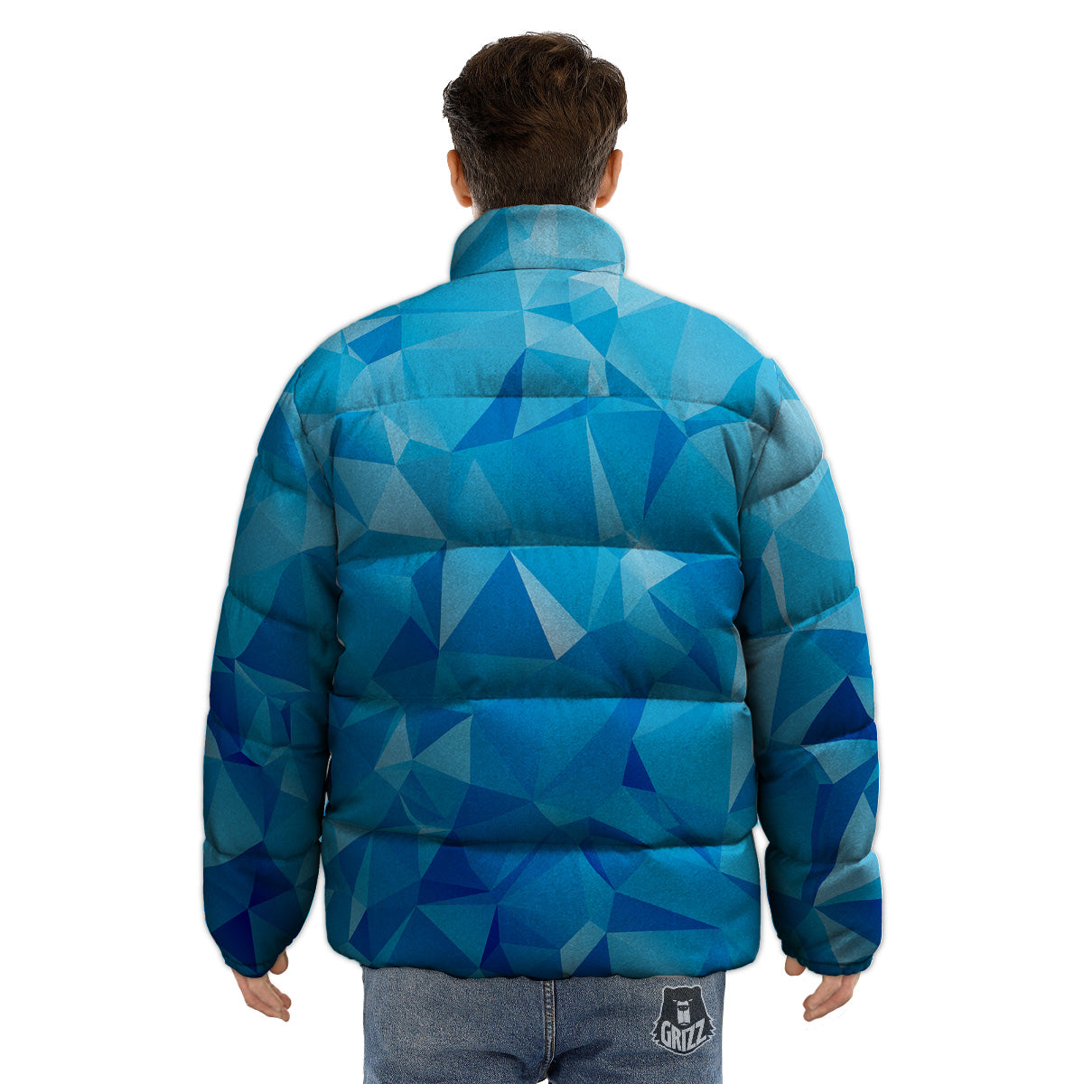 Geometric Blue Polygonal Print Puffer Jacket-grizzshop