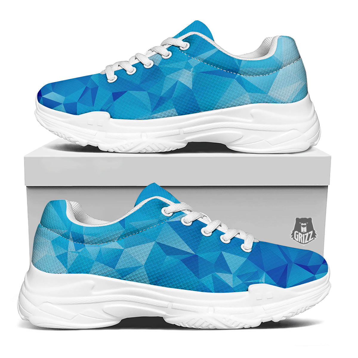 Geometric Blue Polygonal Print White Chunky Shoes-grizzshop
