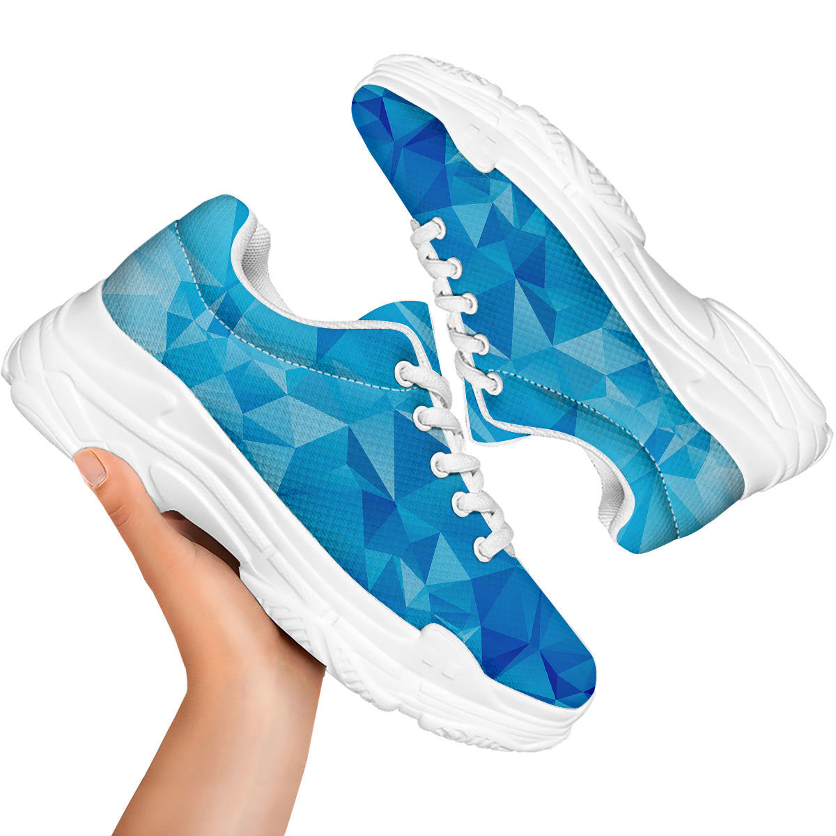 Geometric Blue Polygonal Print White Chunky Shoes-grizzshop