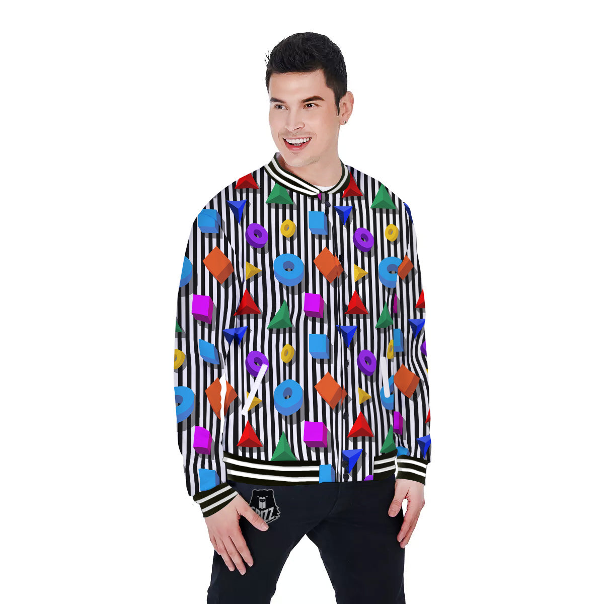 Geometric Colorful Striped Print Pattern Baseball Jacket-grizzshop
