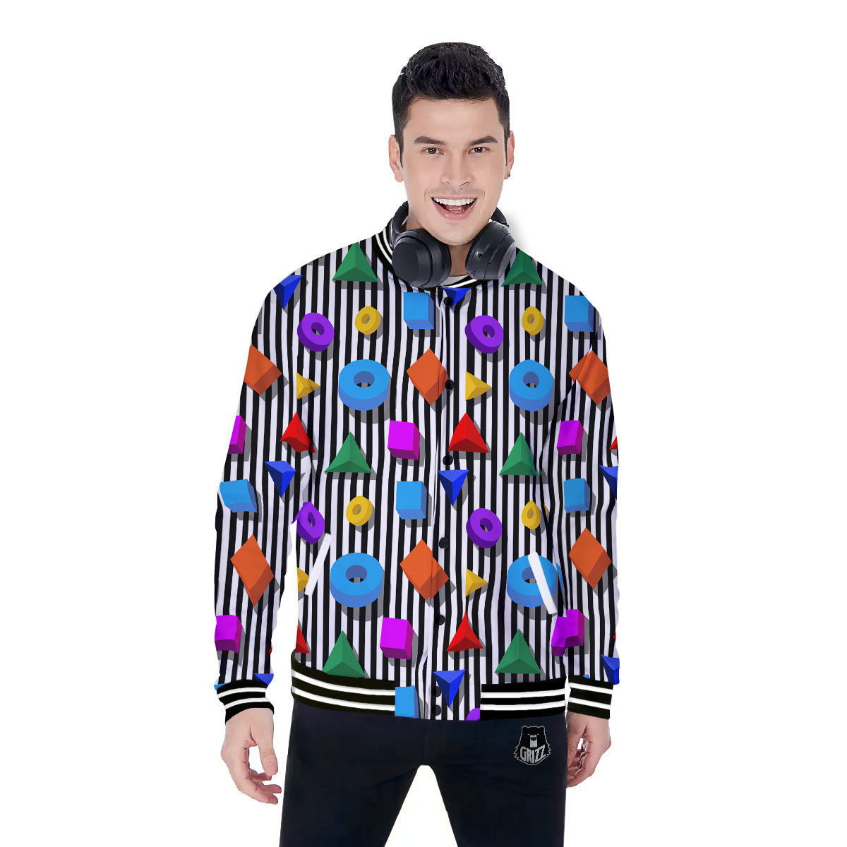 Geometric Colorful Striped Print Pattern Baseball Jacket-grizzshop