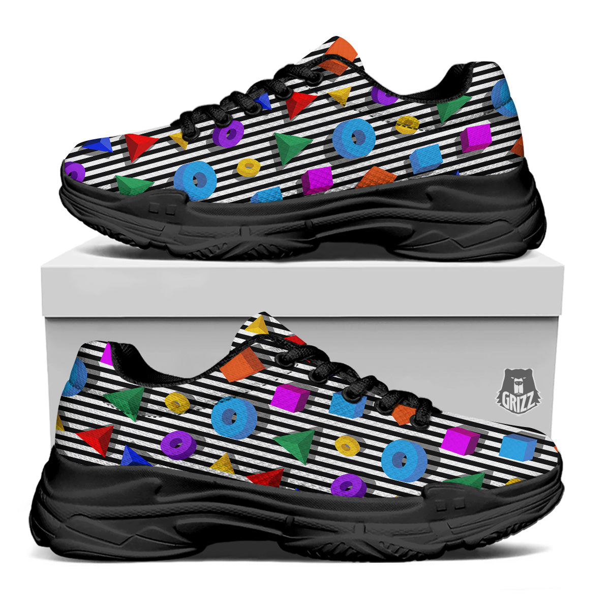 Geometric Colorful Striped Print Pattern Black Chunky Shoes-grizzshop