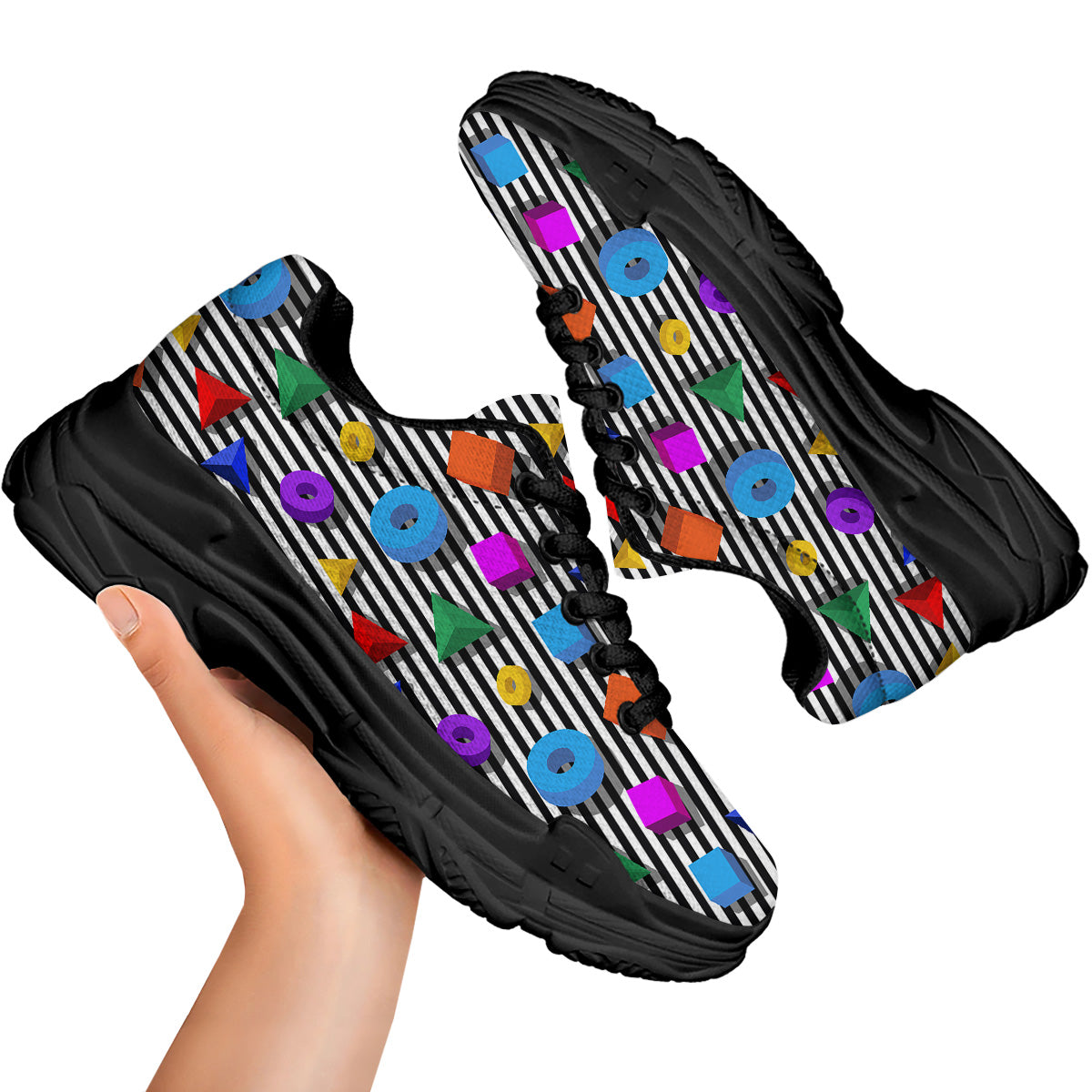Geometric Colorful Striped Print Pattern Black Chunky Shoes-grizzshop
