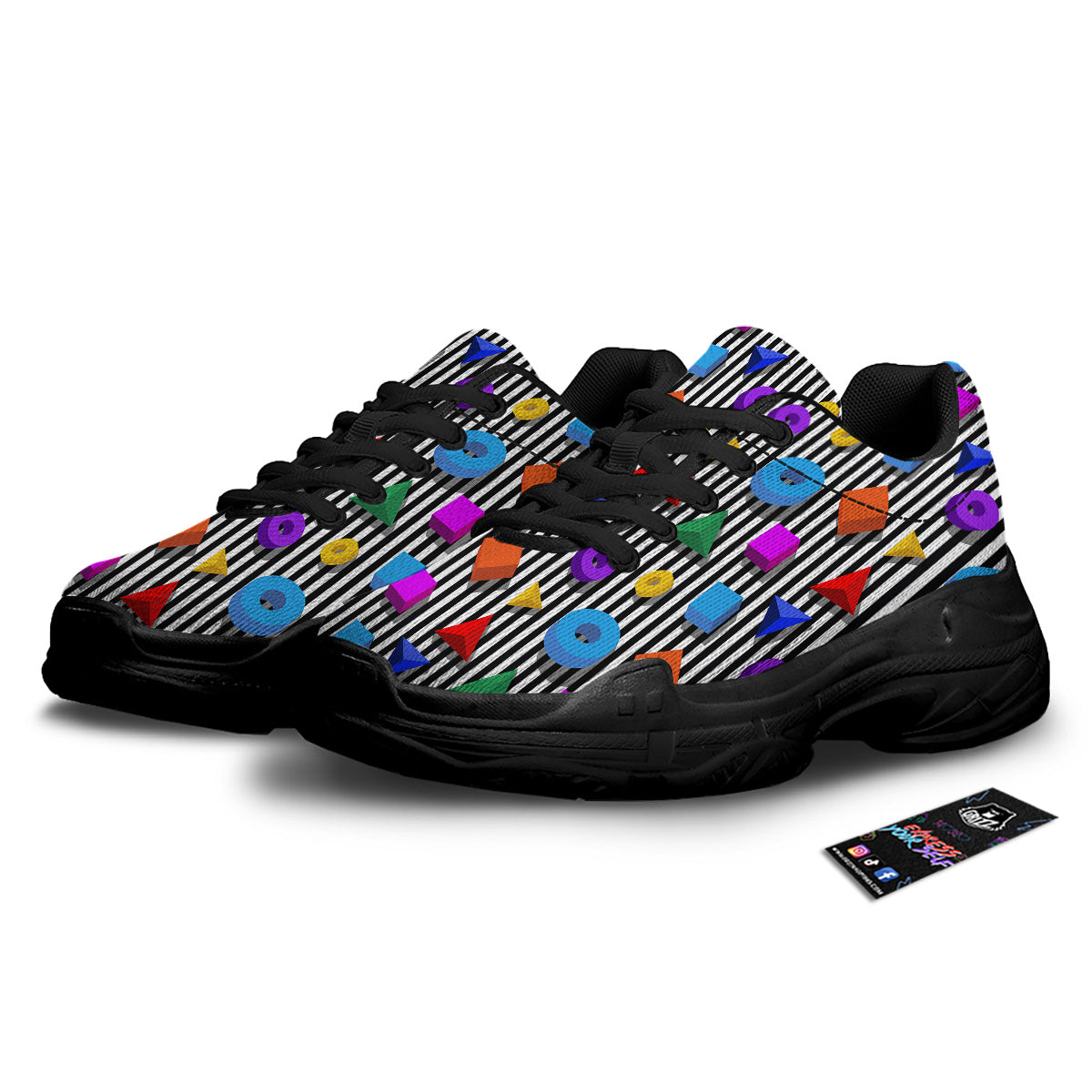 Geometric Colorful Striped Print Pattern Black Chunky Shoes-grizzshop