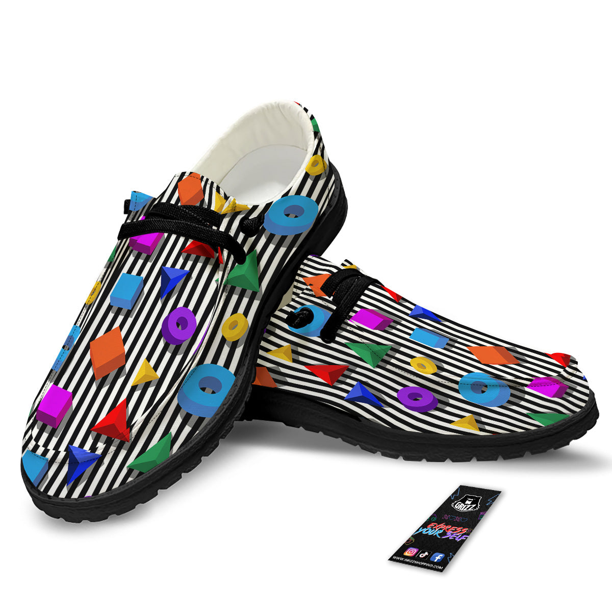 Geometric Colorful Striped Print Pattern Black Loafers-grizzshop