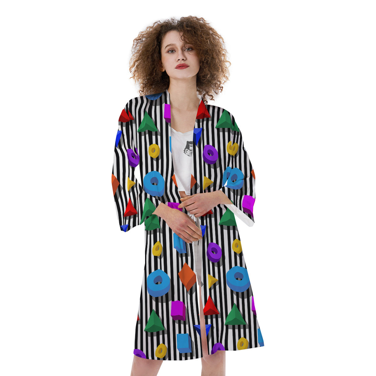 Geometric Colorful Striped Print Pattern Kimono-grizzshop