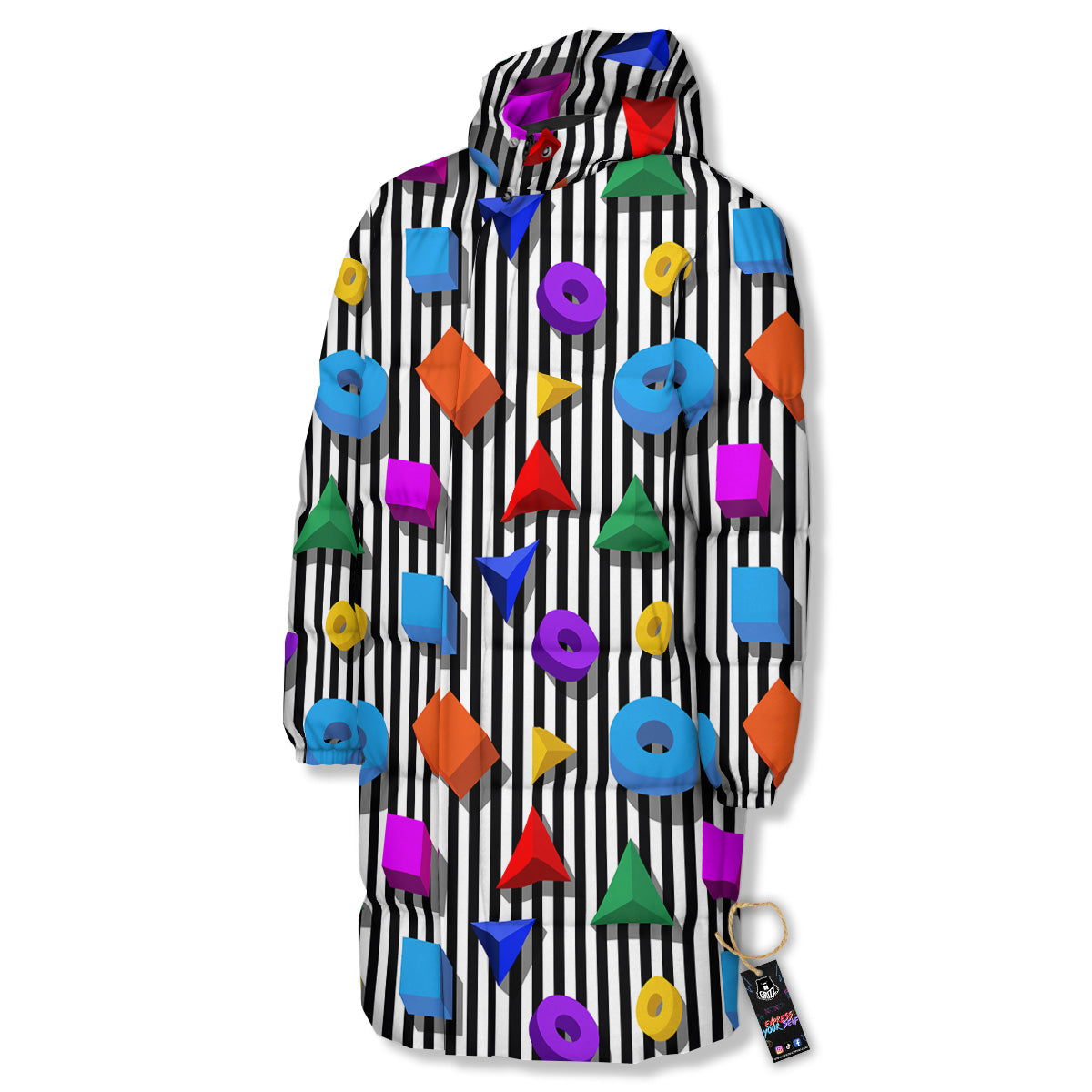 Geometric Colorful Striped Print Pattern Long Down Jacket-grizzshop