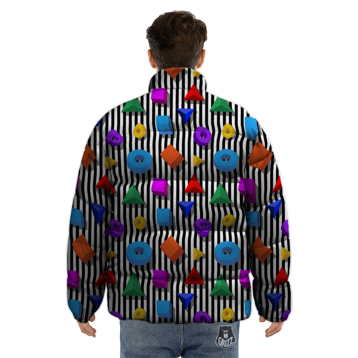 Geometric Colorful Striped Print Pattern Puffer Jacket-grizzshop