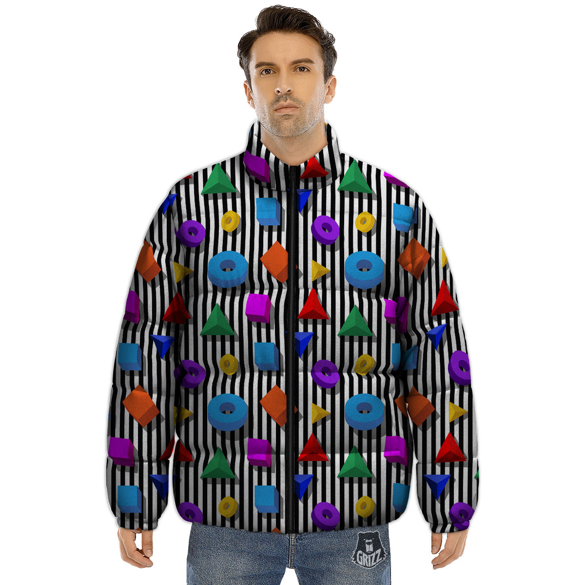 Geometric Colorful Striped Print Pattern Puffer Jacket-grizzshop