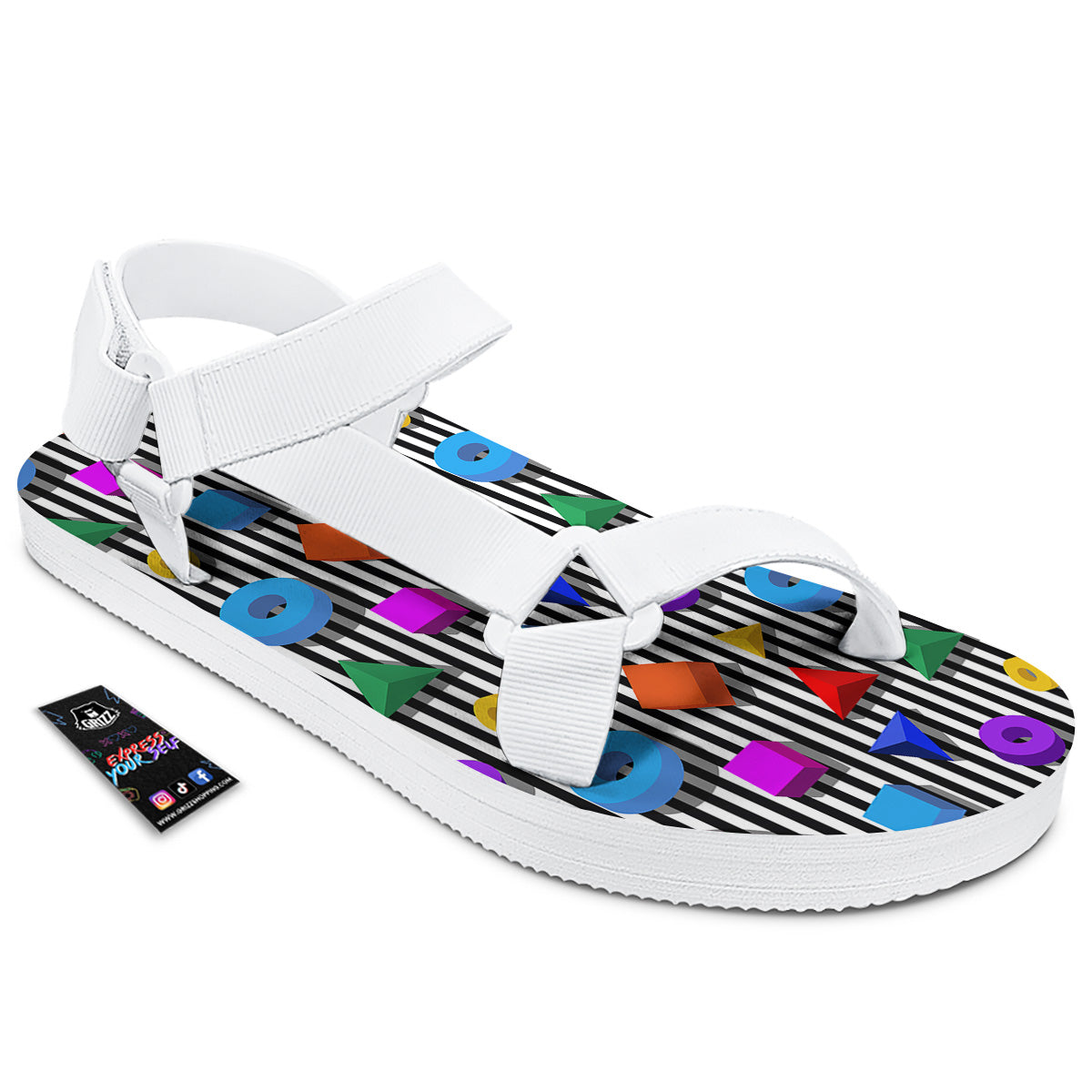 Geometric Colorful Striped Print Pattern White Open Toe Sandals-grizzshop
