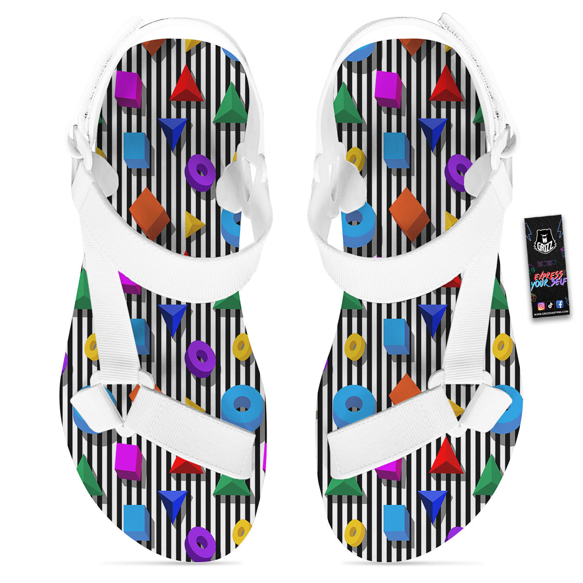 Geometric Colorful Striped Print Pattern White Open Toe Sandals-grizzshop