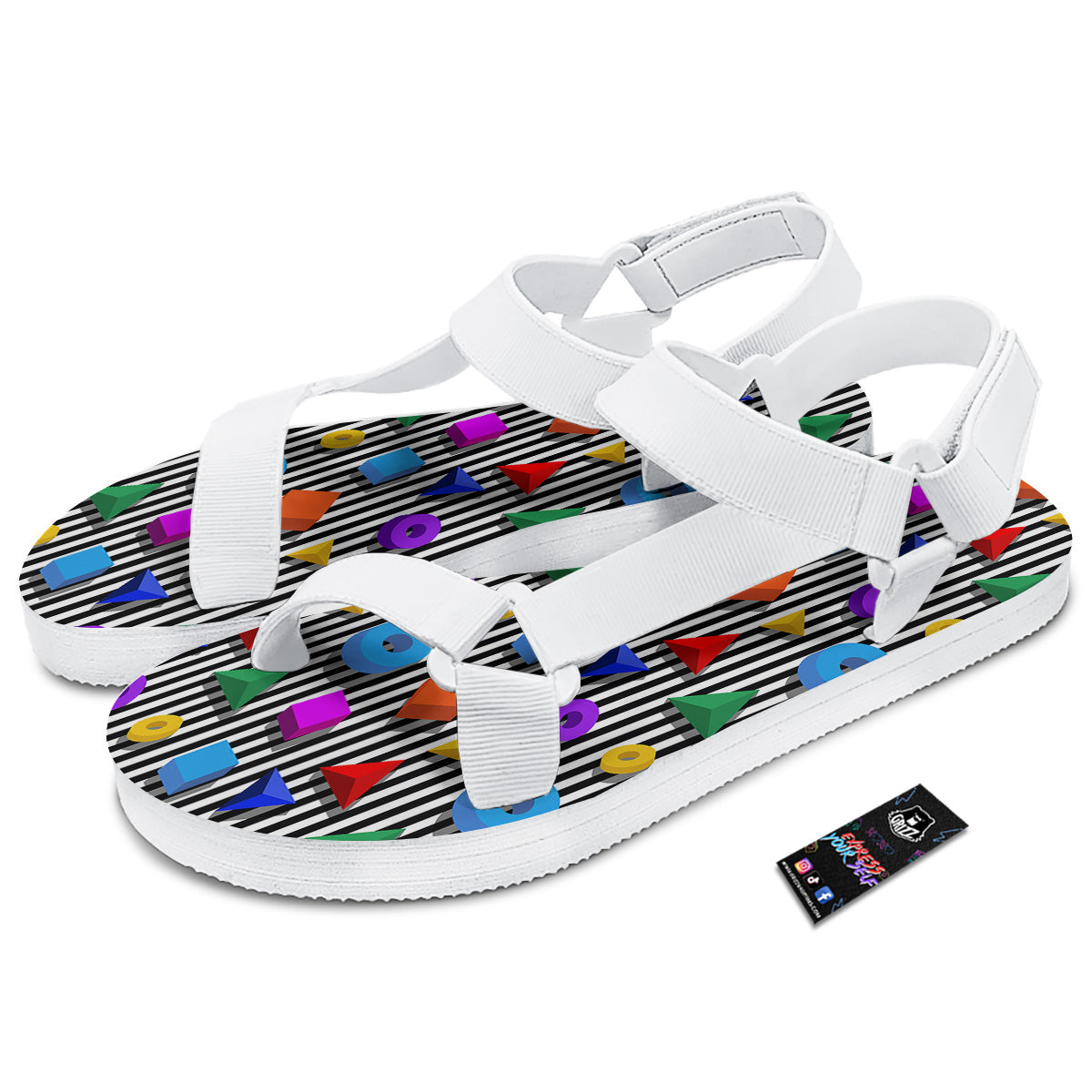 Geometric Colorful Striped Print Pattern White Open Toe Sandals-grizzshop