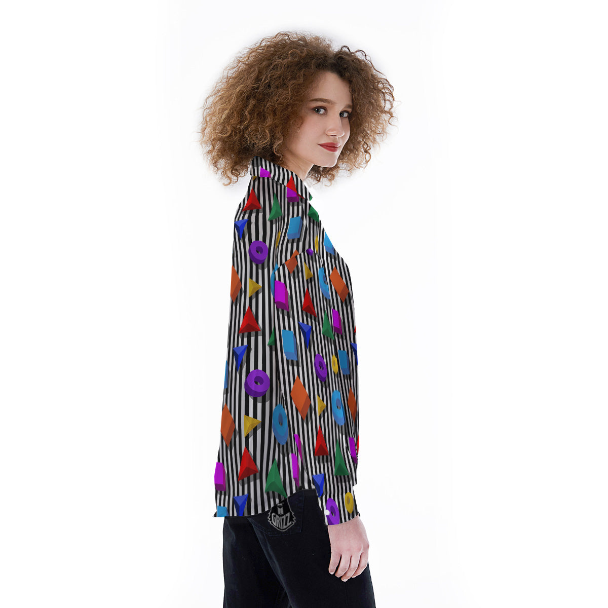 Geometric Colorful Striped Print Pattern Women's Long Sleeve Shirts-grizzshop