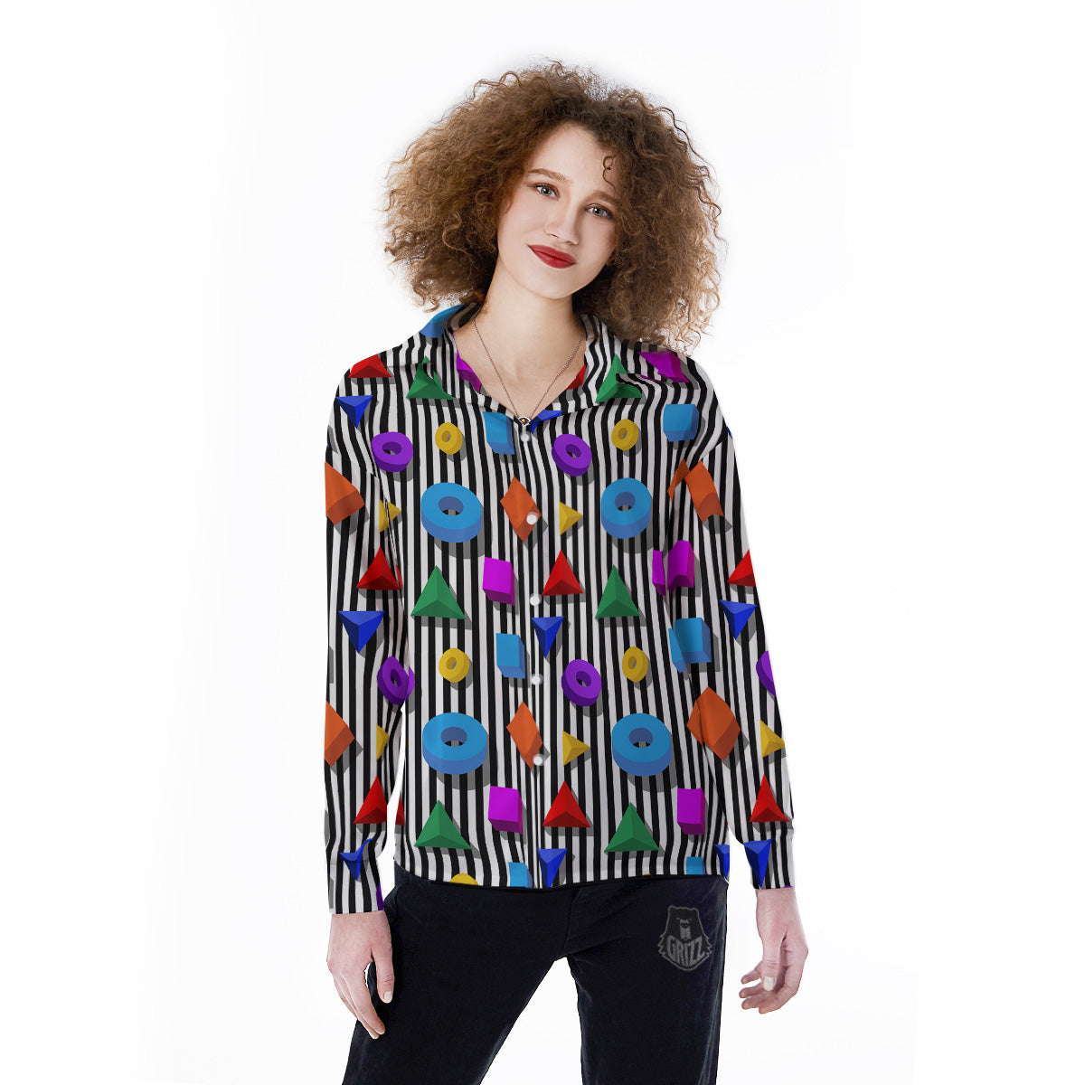 Geometric Colorful Striped Print Pattern Women's Long Sleeve Shirts-grizzshop