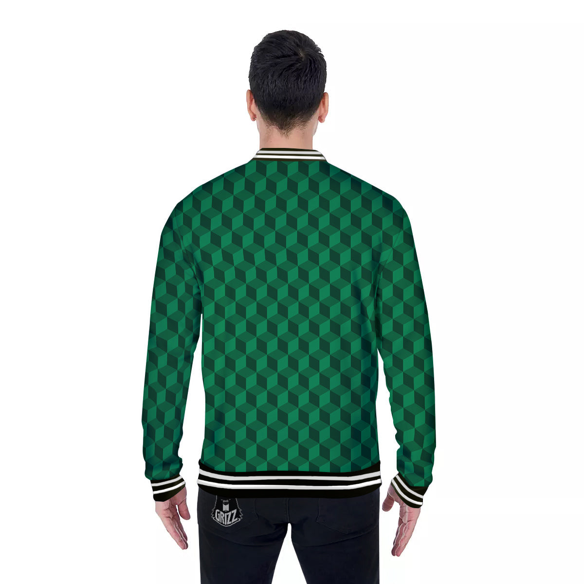 Geometric Cube Dark Green Print Pattern Baseball Jacket-grizzshop
