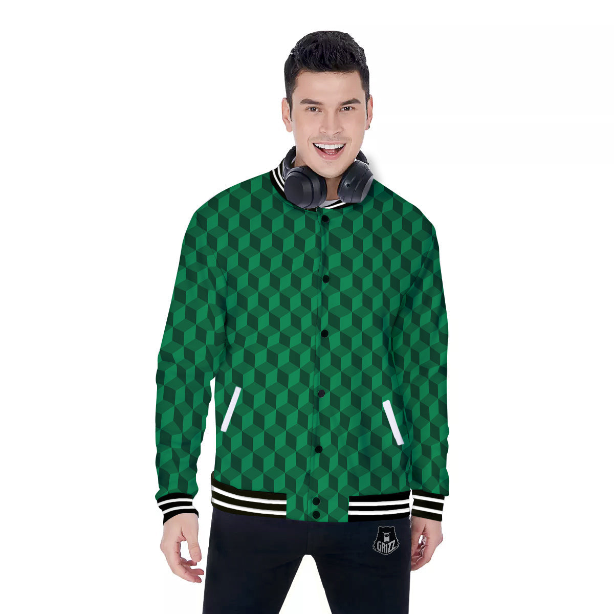 Geometric Cube Dark Green Print Pattern Baseball Jacket-grizzshop