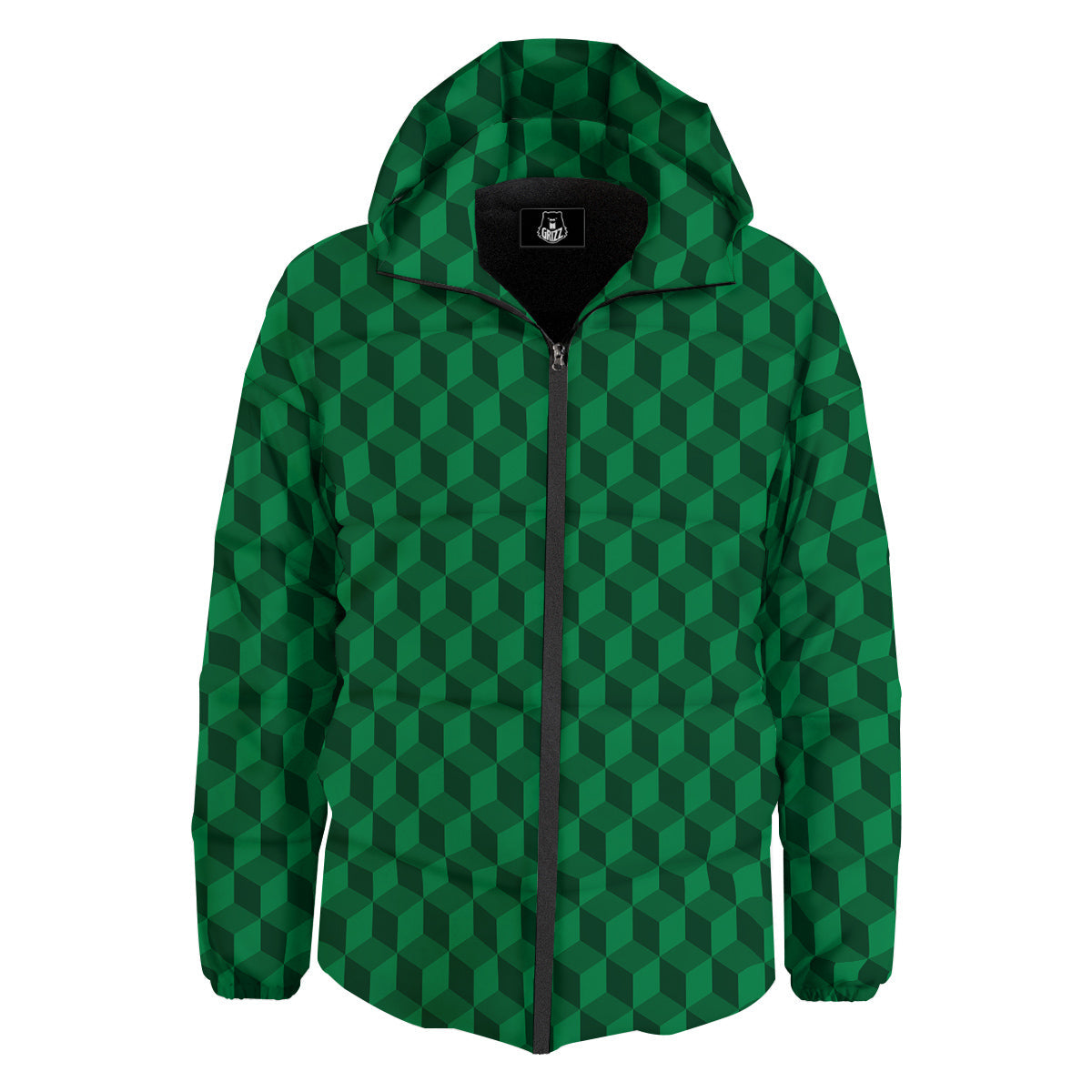 Geometric Cube Dark Green Print Pattern Down Jacket-grizzshop
