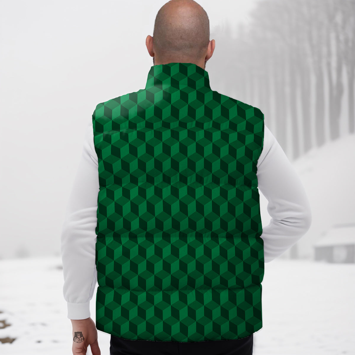 Geometric Cube Dark Green Print Pattern Down Vest-grizzshop