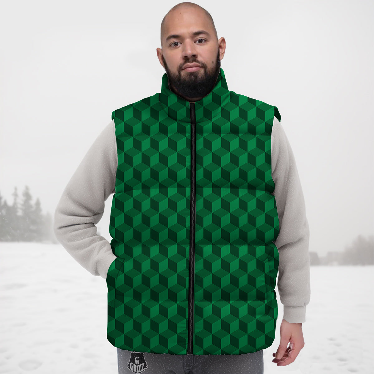 Geometric Cube Dark Green Print Pattern Down Vest-grizzshop