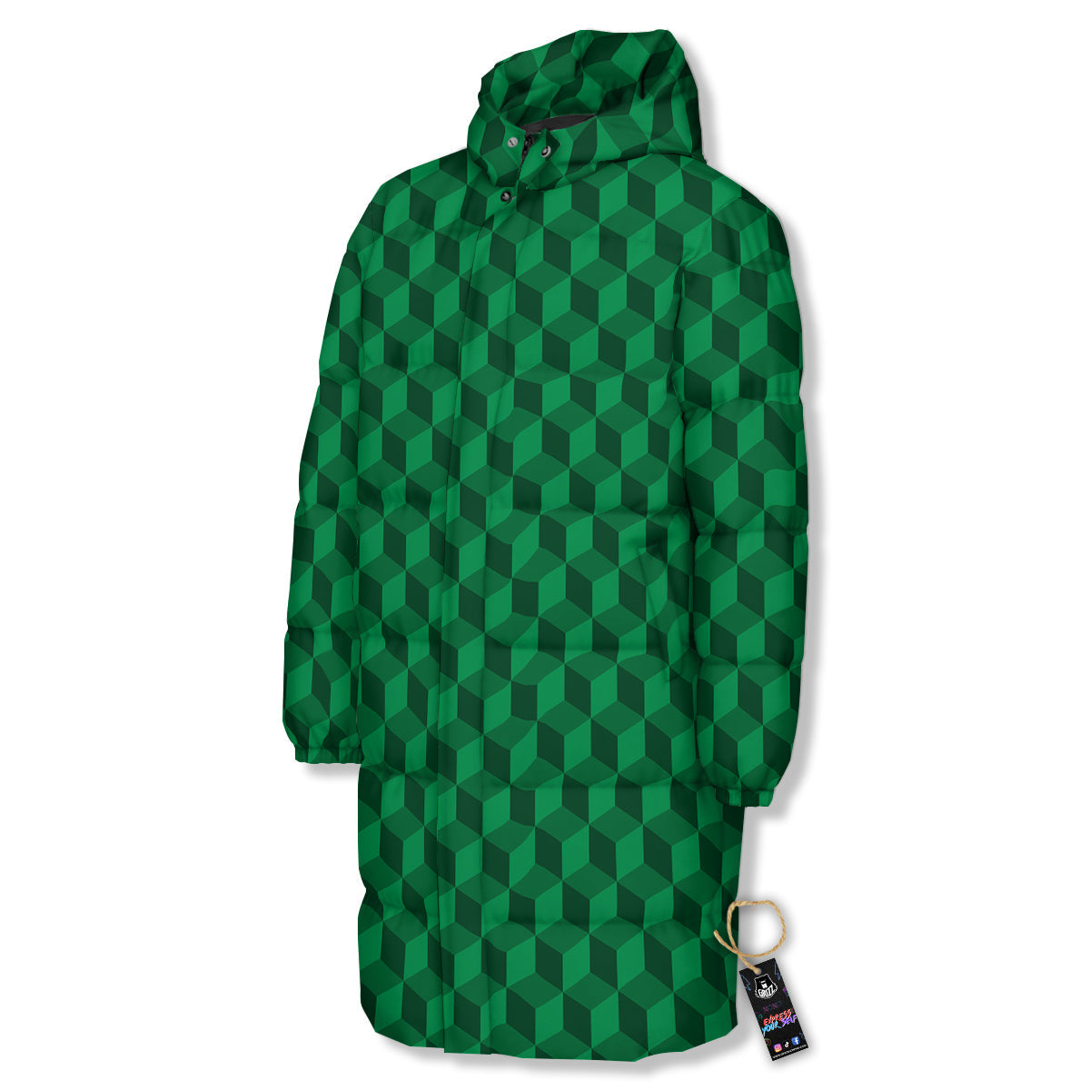 Geometric Cube Dark Green Print Pattern Long Down Jacket-grizzshop