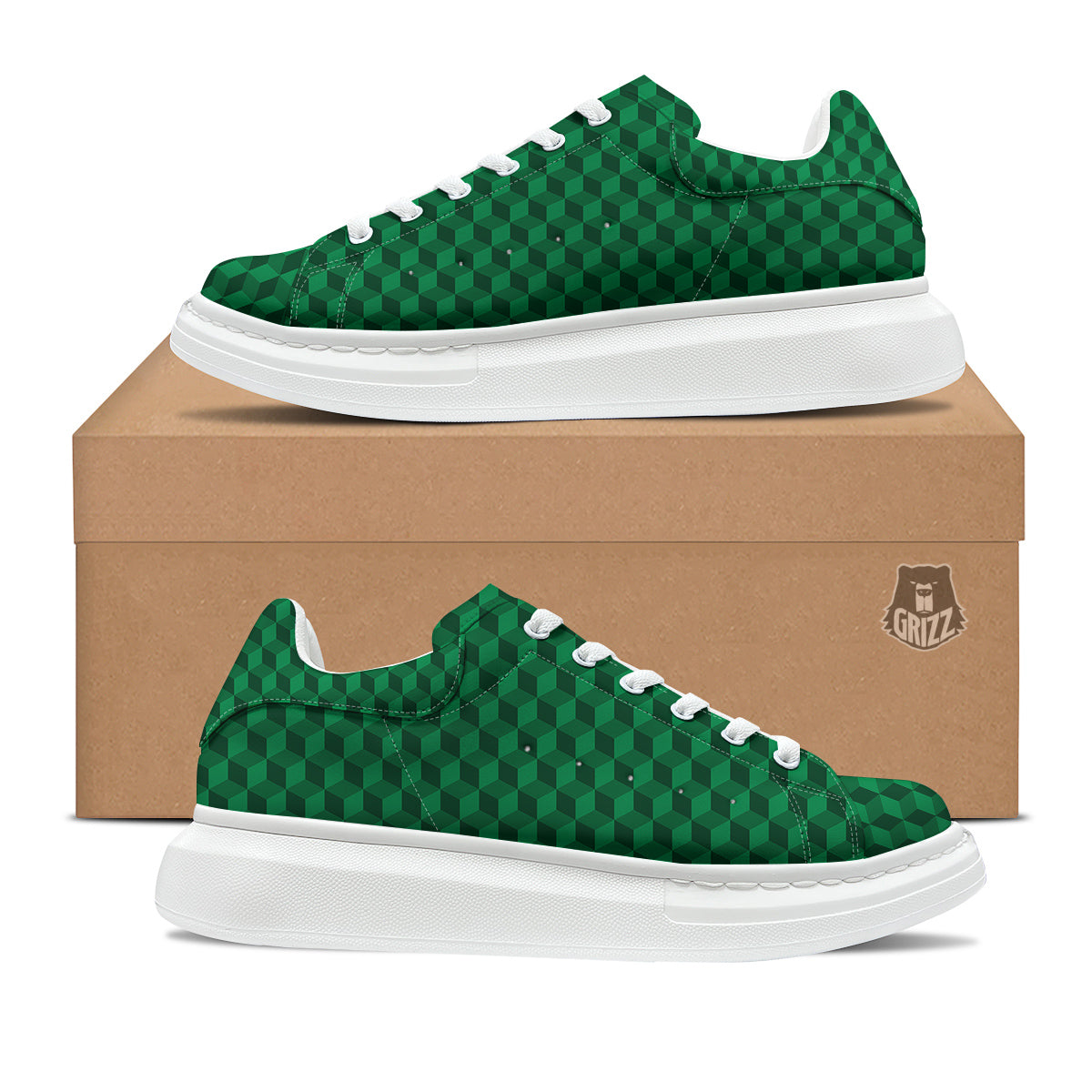 Geometric Cube Dark Green Print Pattern Platform Shoes-grizzshop