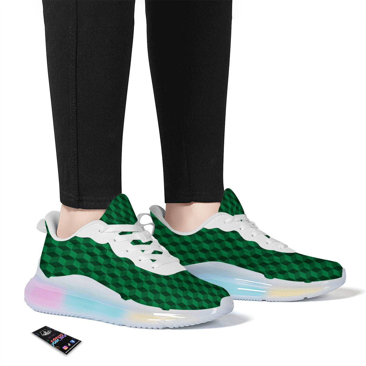 Geometric Cube Dark Green Print Pattern Running Sneakers-grizzshop