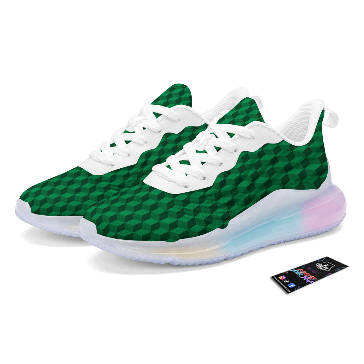 Geometric Cube Dark Green Print Pattern Running Sneakers-grizzshop
