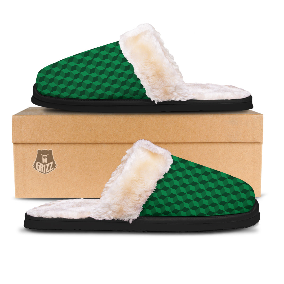 Geometric Cube Dark Green Print Pattern Slippers-grizzshop