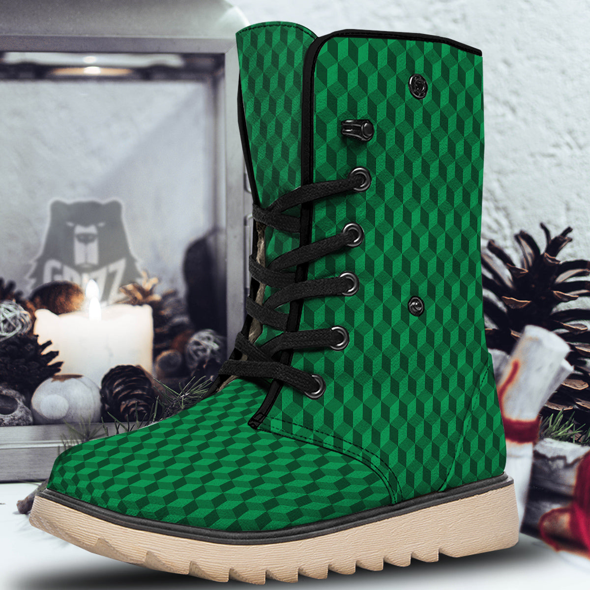 Geometric Cube Dark Green Print Pattern Snow Boots-grizzshop