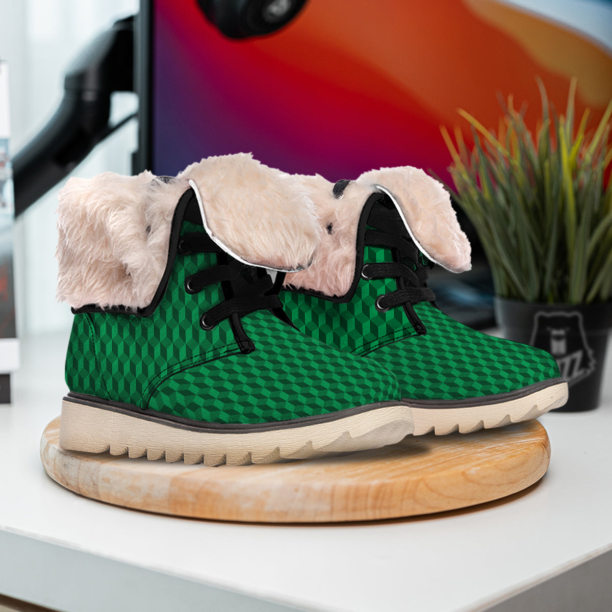 Geometric Cube Dark Green Print Pattern Snow Boots-grizzshop