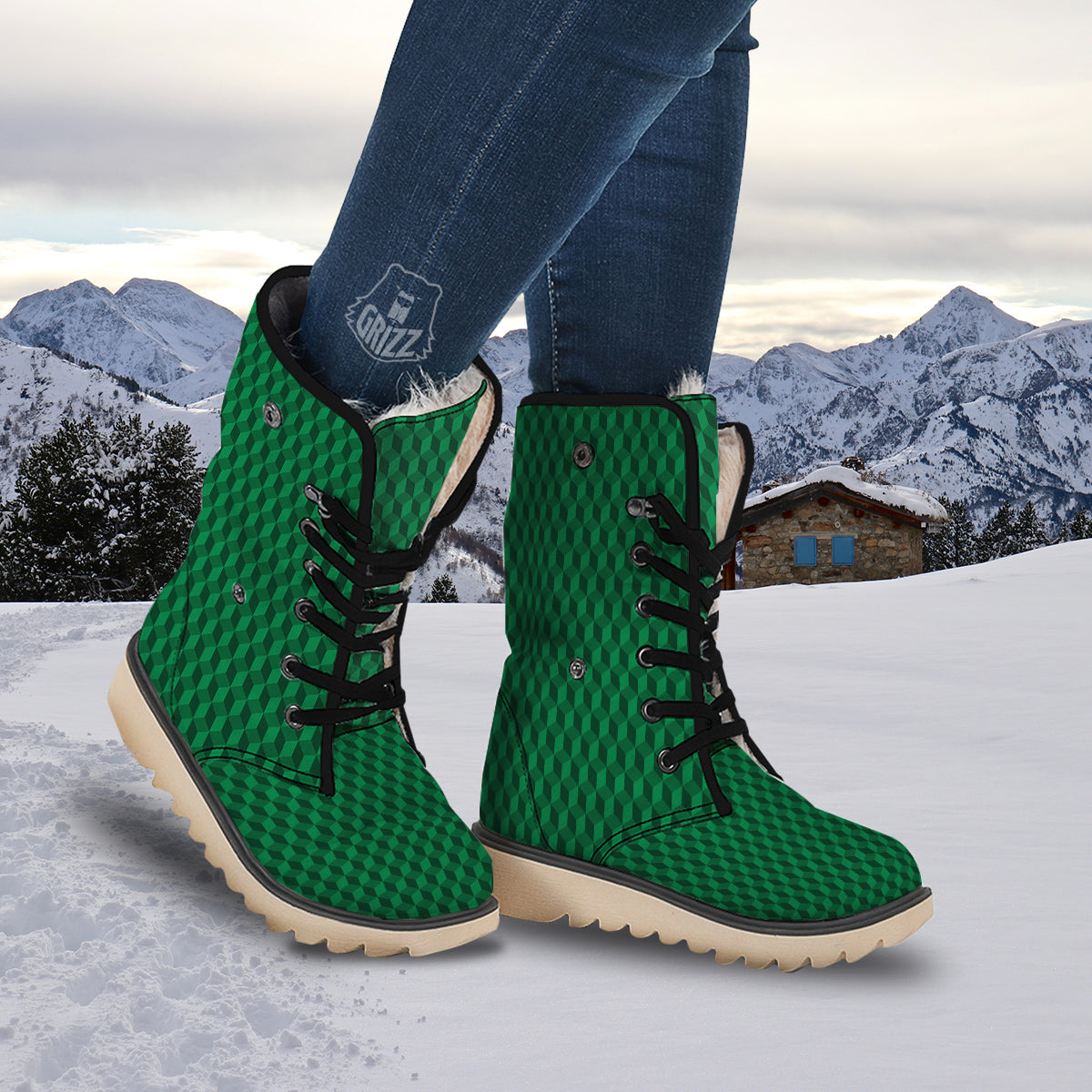 Geometric Cube Dark Green Print Pattern Snow Boots-grizzshop