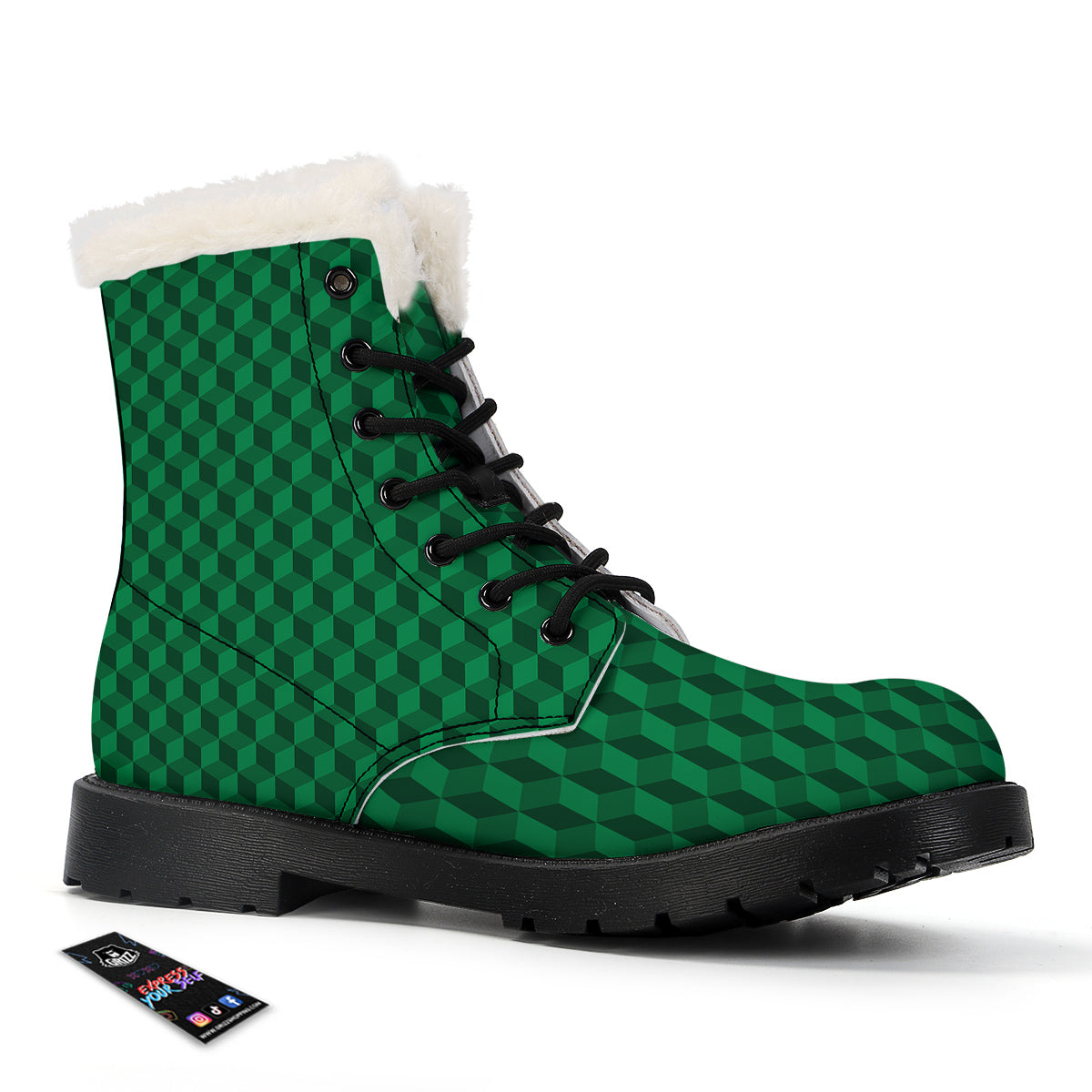 Geometric Cube Dark Green Print Pattern Winter Boots-grizzshop