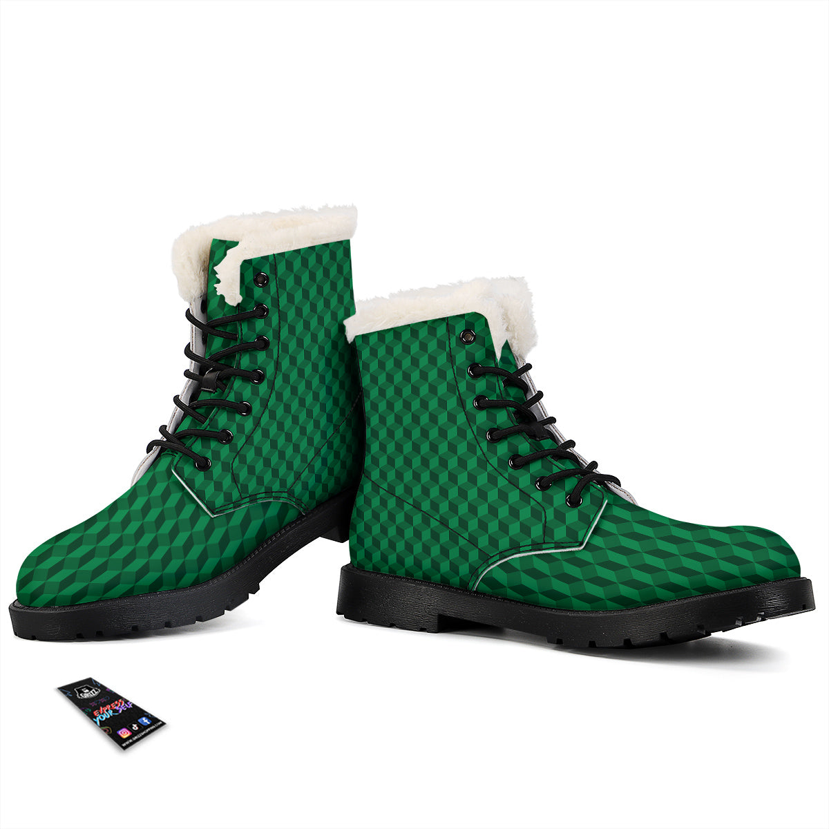Geometric Cube Dark Green Print Pattern Winter Boots-grizzshop