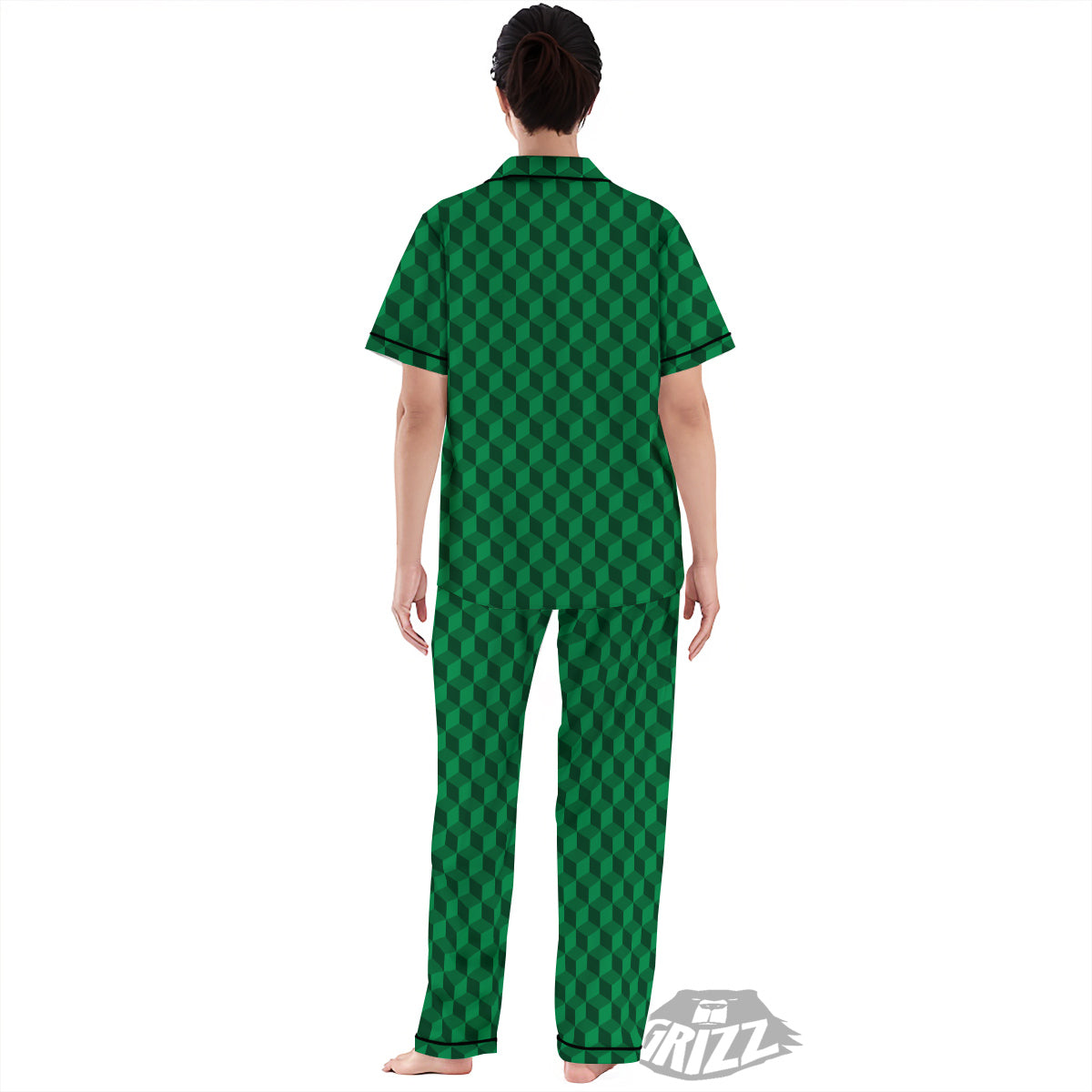 Geometric Cube Dark Green Print Pattern Women's Pajamas Set-grizzshop