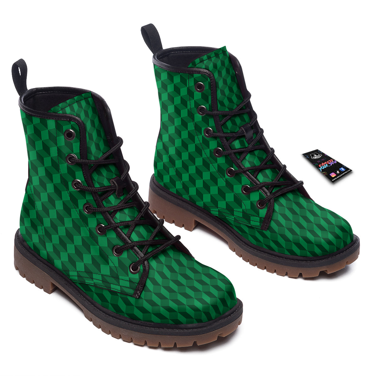 Geometric Cube Dark Green Print Pattern Work Boots-grizzshop