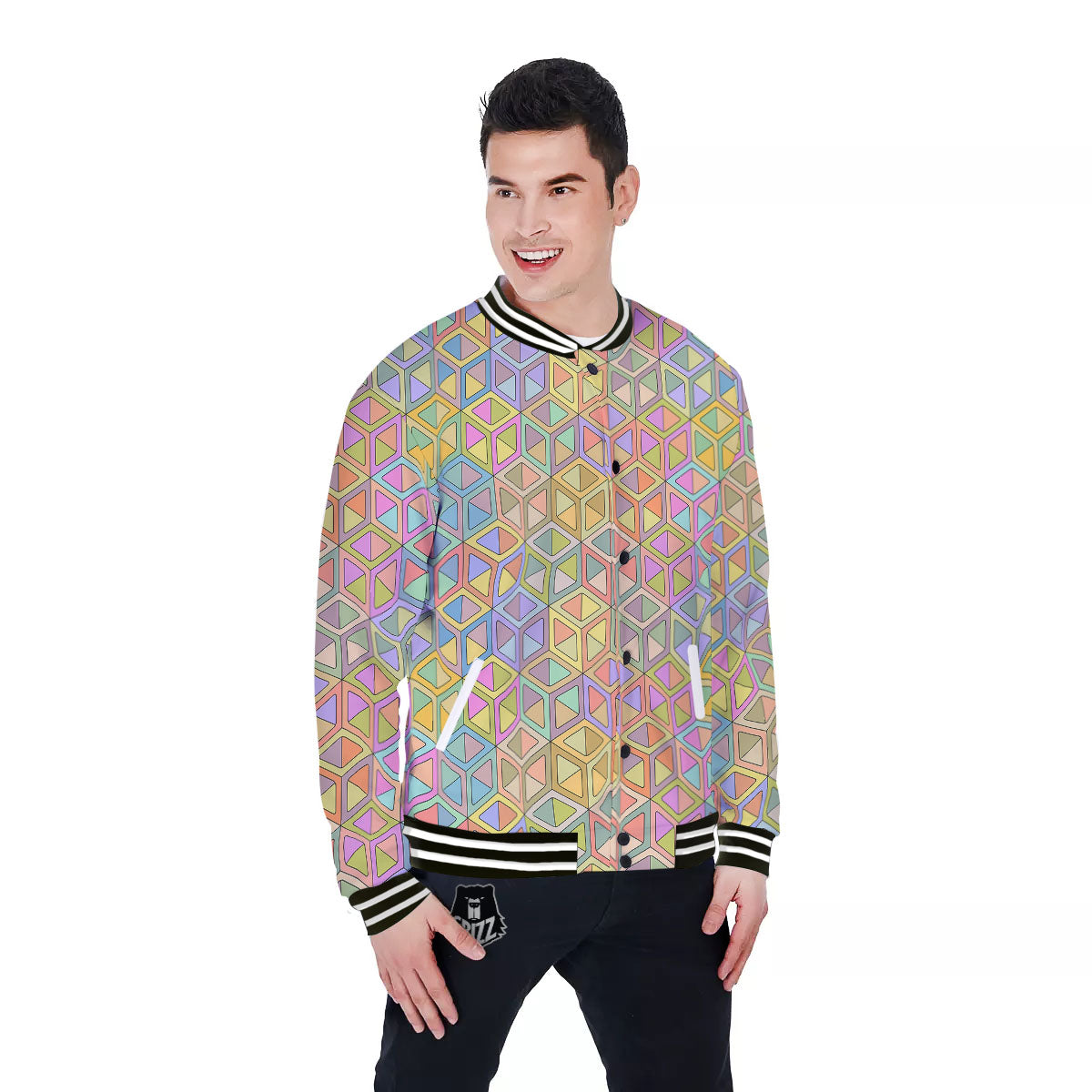 Geometric Cubic Pastel Print Baseball Jacket-grizzshop