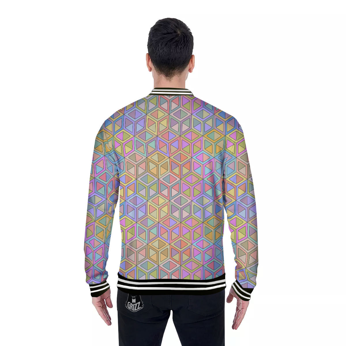 Geometric Cubic Pastel Print Baseball Jacket-grizzshop