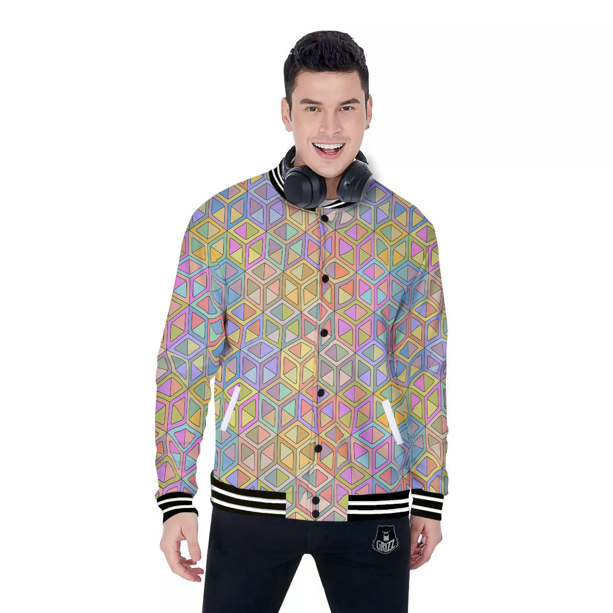 Geometric Cubic Pastel Print Baseball Jacket-grizzshop