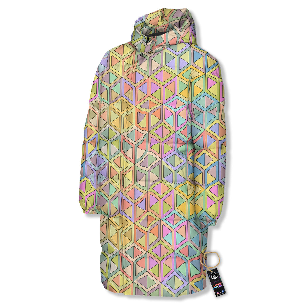 Geometric Cubic Pastel Print Long Down Jacket-grizzshop