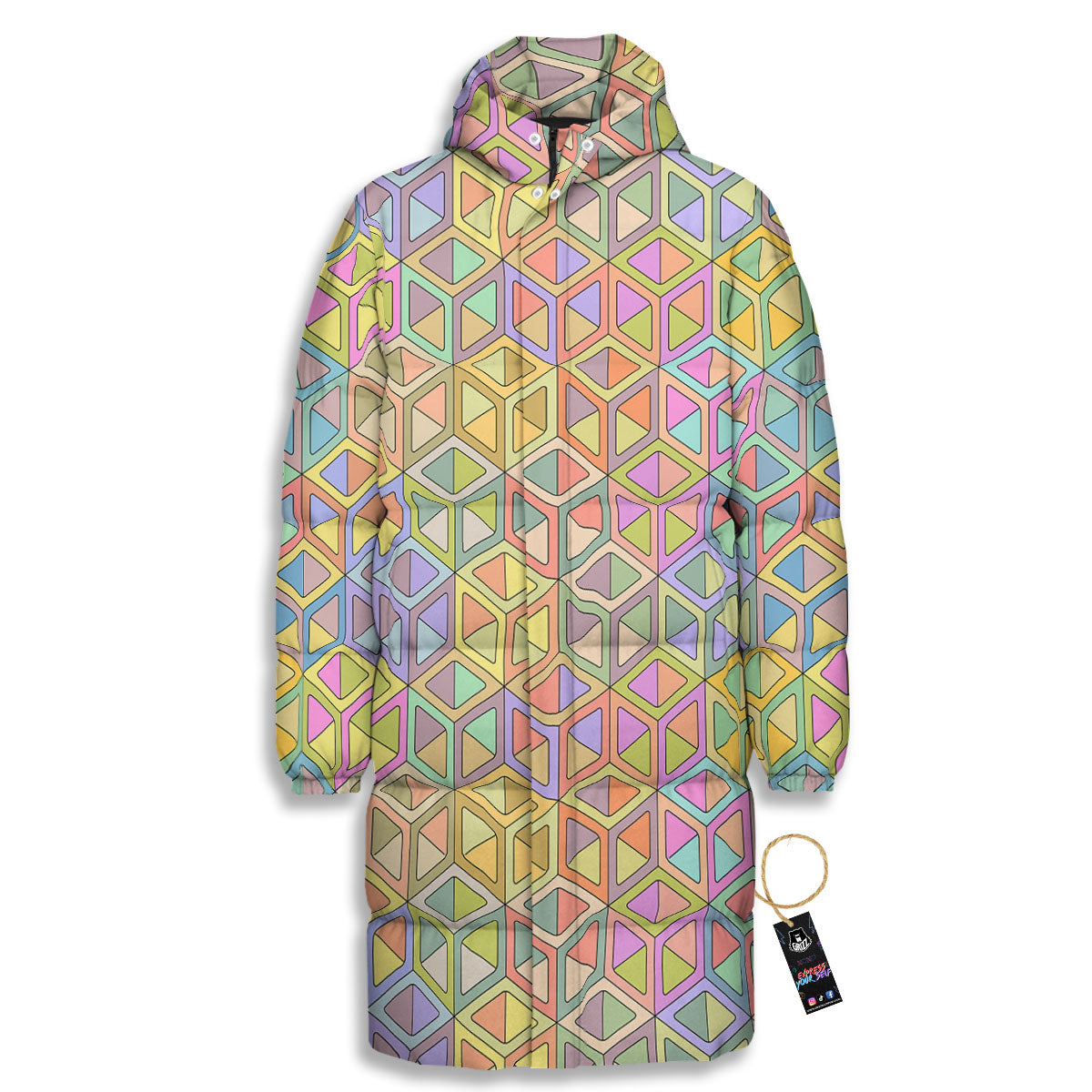 Geometric Cubic Pastel Print Long Down Jacket-grizzshop
